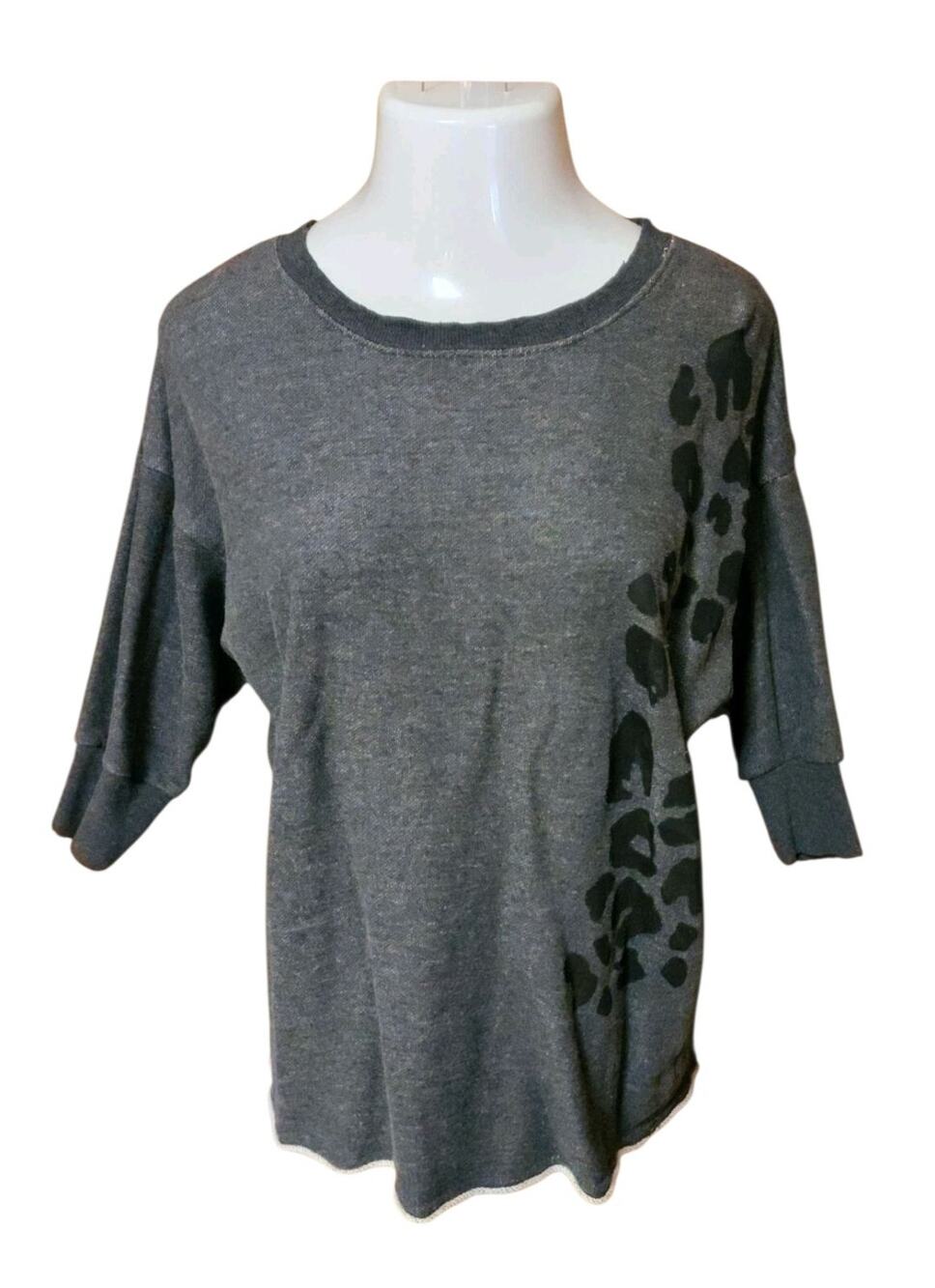 Women's Gray Tunic Sweater Quarter Sleeve Sheer Animal Print Size Large L Top